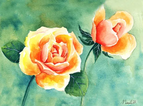 Dos rosas color durazno se abren sobre un fondo verde esmeralda.