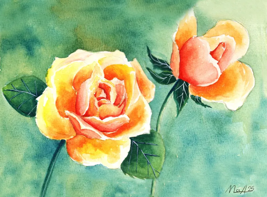 Dos rosas color durazno se abren sobre un fondo verde esmeralda.