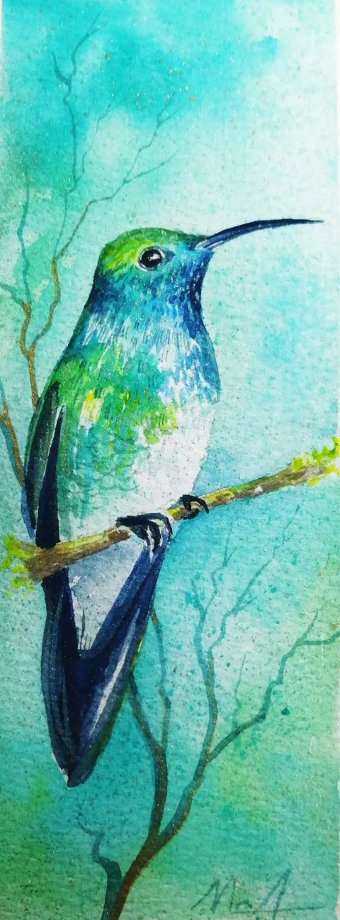 Un colibrí posado sobre una rama, con plumaje verde y azul iridiscente, típico de Costa Rica.