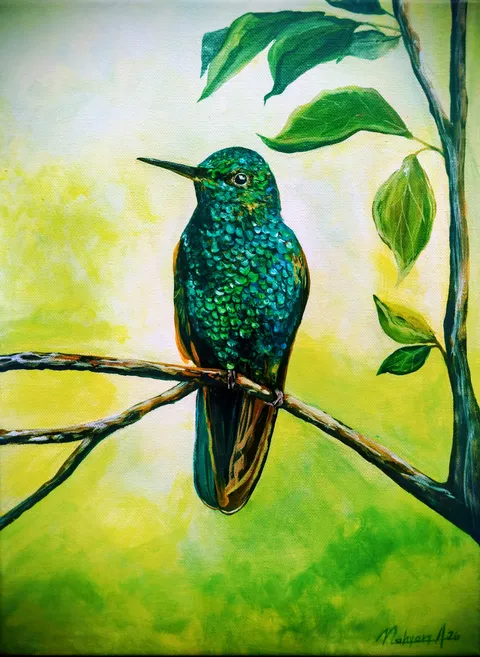 Un colibrí de plumaje verde esmeralda posa sobre una rama entre hojas iluminadas por el sol.