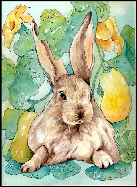 Un conejo de mirada dulce descansa entre hojas de capuchina y peras doradas.