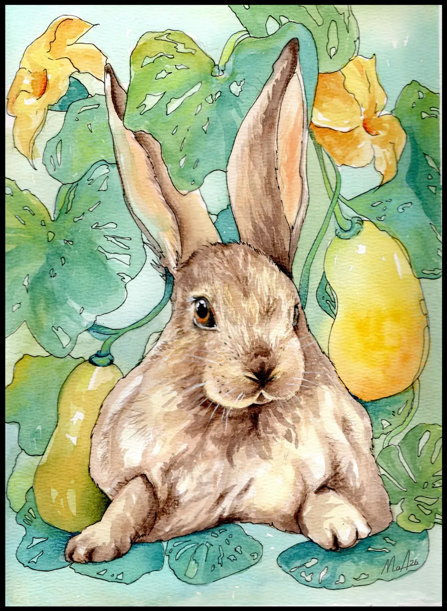 Un conejo de mirada dulce descansa entre hojas de capuchina y peras doradas.