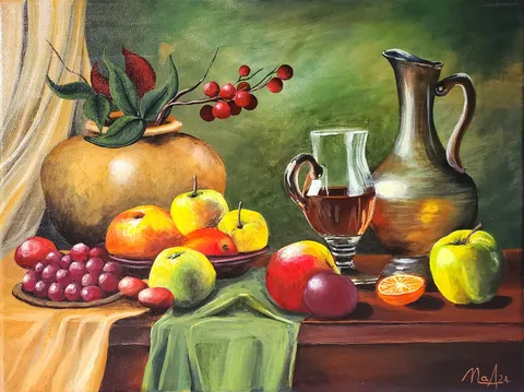 Uvas, manzanas y naranjas junto a una vasija de barro y una copa de vino, en un clásico bodegón.