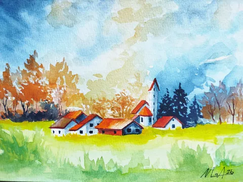 Un pequeño pueblo europeo con techos de tejas y un alto campanario blanco, entre árboles de otoño.