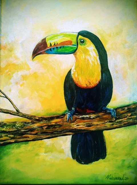 Un tucán de pico multicolor observa desde una rama, ícono de la fauna costarricense.